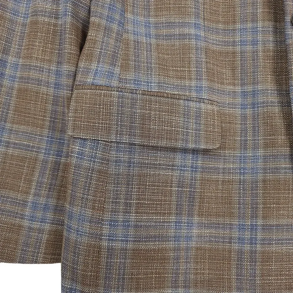 Tommy Hilfiger Mens Modern Fit Sport Coat 40L Tan Blue Plaid Stretch Basketweave